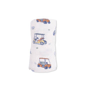 White swaddle blanket with colorful golf cart pattern on a white background