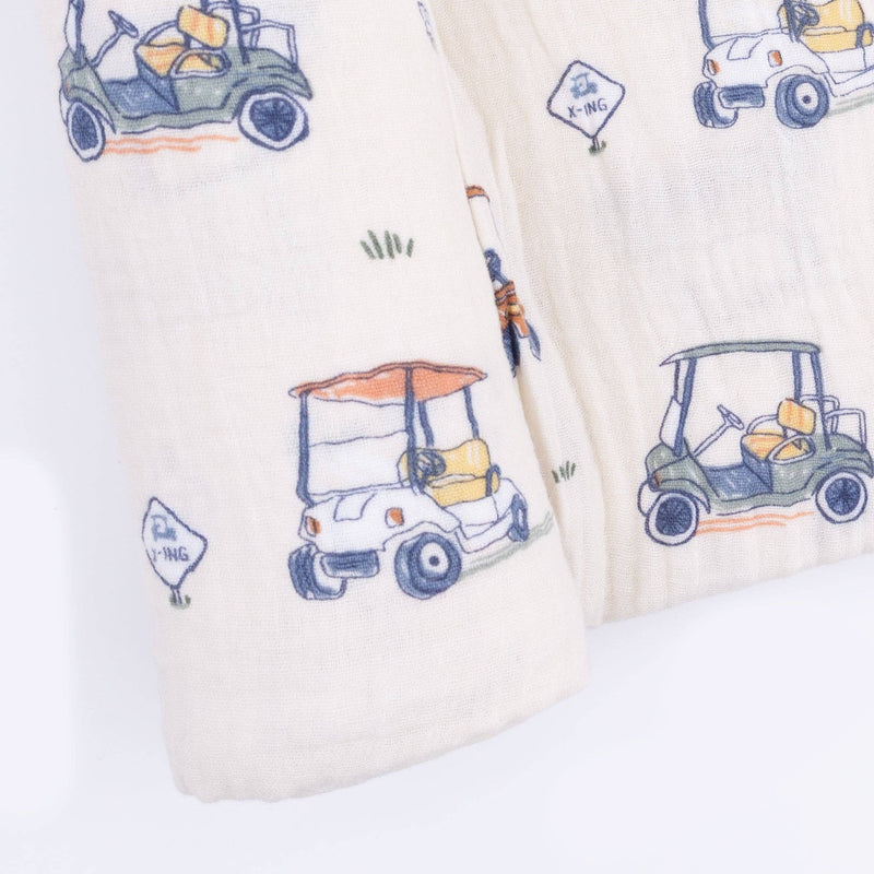 fabric with golf cart designs on a white background