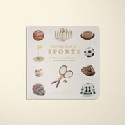 Book titled 'Our Big Book of Sports' with sports-themed illustrations on a beige background