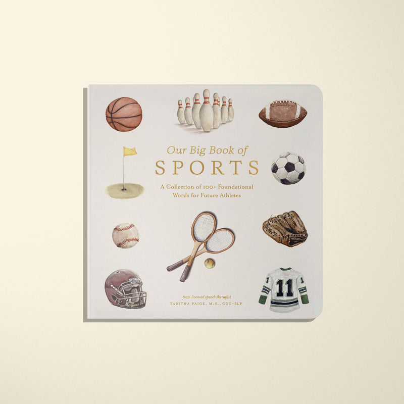 Book titled 'Our Big Book of Sports' with sports-themed illustrations on a beige background