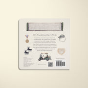 Back cover of a book with sports-themed illustrations and text on a beige background