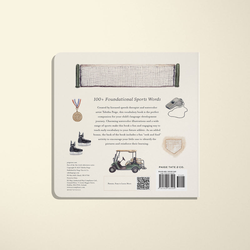Back cover of a book with sports-themed illustrations and text on a beige background