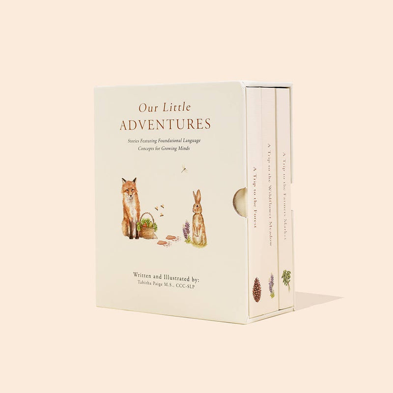 Book titled 'Our Little Adventures' with illustrations of a fox and rabbit on a beige background