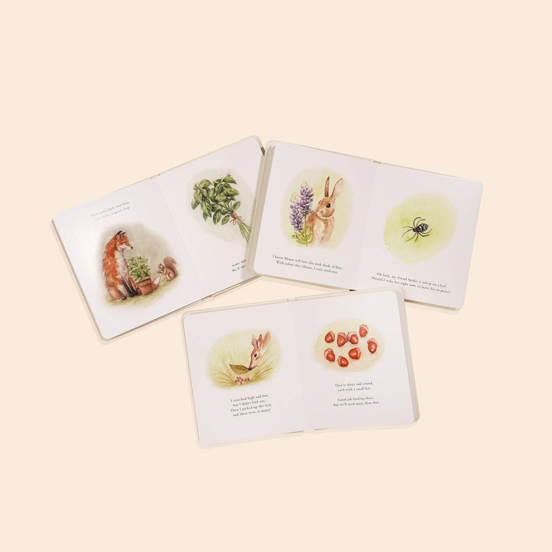 Three open books with illustrations of nature-themed content on a beige background