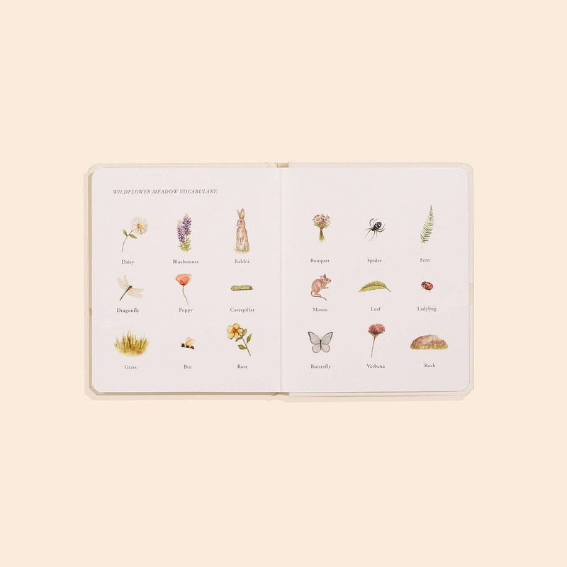 Illustrated book with various plants and insects on a beige background