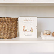 Book titled 'Our Little Adventures' on a shelf with a woven basket and cleaning supplies.