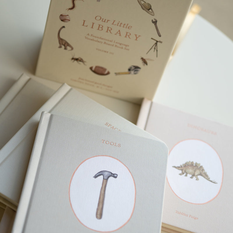 Children's books with illustrations of a hammer and dinosaur on a light background