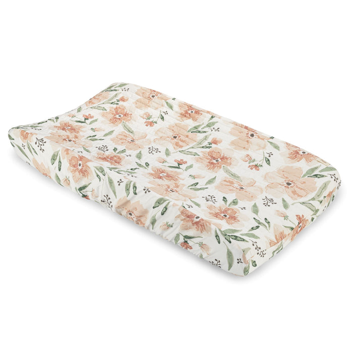Parker Floral quilted changing pad cover displayed on a contoured pad