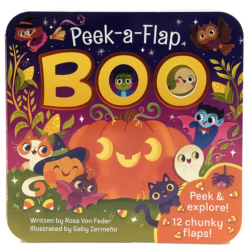 Book cover of 'Peek-a-Flap Boo' with Halloween-themed illustrations and text.