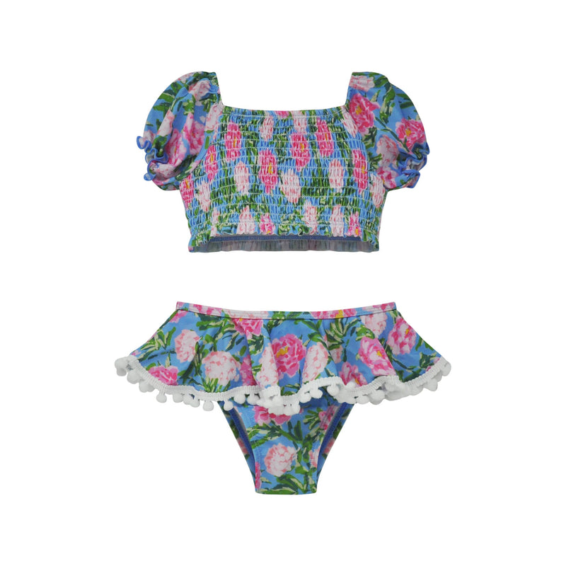 Floral two-piece swimsuit with ruffled top and bottom on a white background