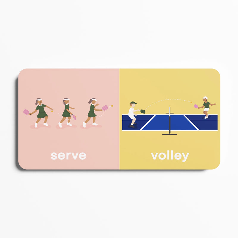 Illustrated card showing a tennis game with 'serve' and 'volley' text on a pink and yellow background.