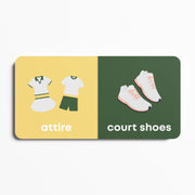 Card divided into two sections, one with attire and the other with court shoes, on a white background.