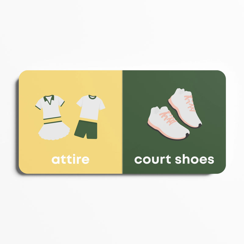 Card divided into two sections, one with attire and the other with court shoes, on a white background.