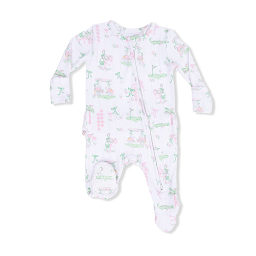 Baby onesie with golf pattern on a white background