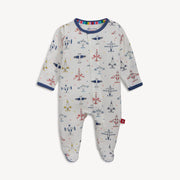 Baby magnetic footie sleeper with airplane print and footed legs
