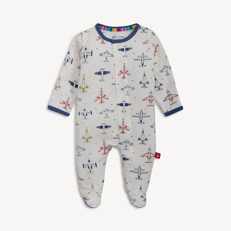 Baby magnetic footie sleeper with airplane print and footed legs