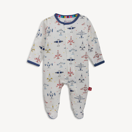 Baby magnetic footie sleeper with airplane print and footed legs
