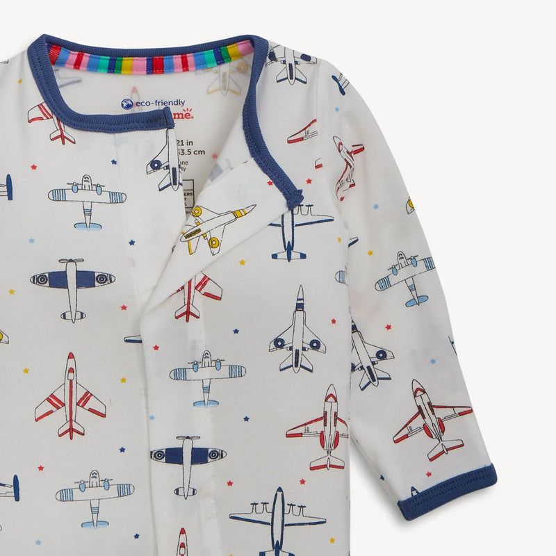 Children's long-sleeve sleeper with airplane pattern on a white background