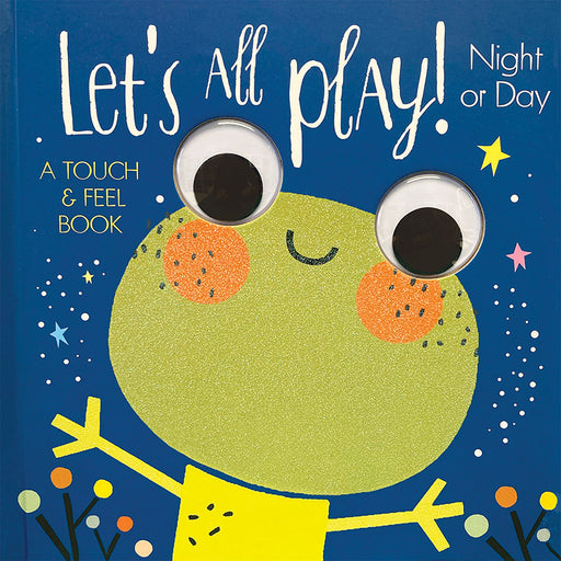 Children's book cover with a frog illustration and text 'Let's All Play! Night or Day' on a blue background.