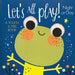 Children's book cover with a frog illustration and text 'Let's All Play! Night or Day' on a blue background.