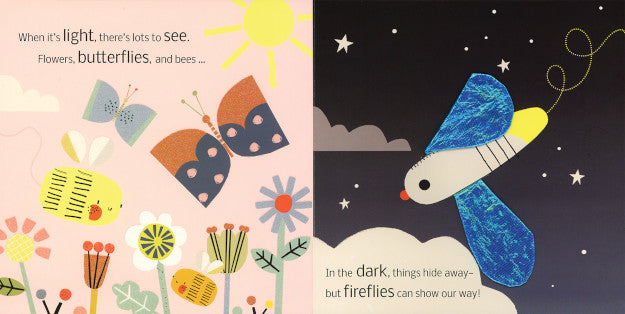 Illustrations of butterflies and flowers on a pink background, transitioning to a night scene with a butterfly and fireflies on a dark background.