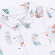Baby romper with teddy bear pattern and 'Angel Dear' branding on a white background