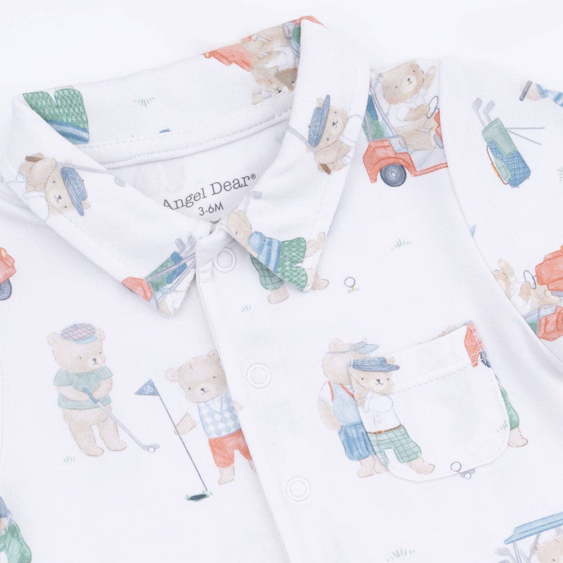 Baby romper with teddy bear pattern and 'Angel Dear' branding on a white background