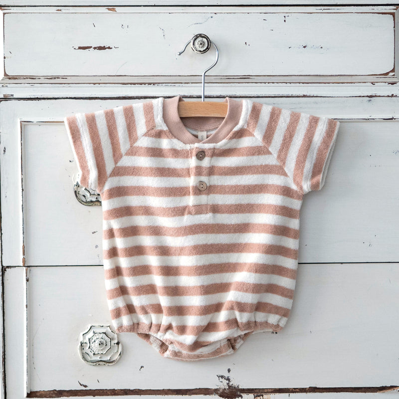 Quincy Mae | Terry Henley Romper | Latte Stripe