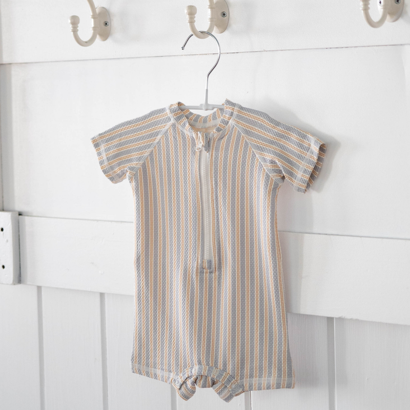 Quincy Mae | One-Piece Zip Rashguard | Blue & Butterscotch Stripe