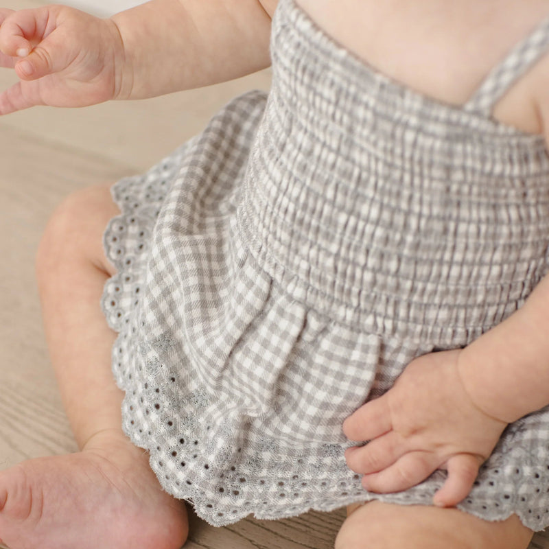 Quincy Mae | Smocked Skirted Romper | Sage Gingham