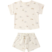 Children's t-shirt and shorts set with vehicle pattern on a white background