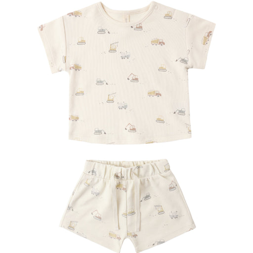 Children's t-shirt and shorts set with vehicle pattern on a white background