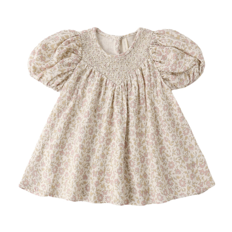 Floral dress with puff sleeves on a white background