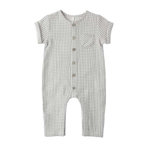 Checkered baby romper with buttons on a white background
