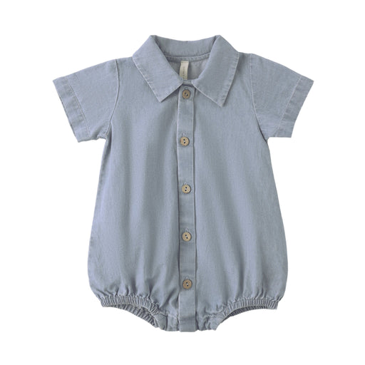 Light blue baby romper with collar on a white background