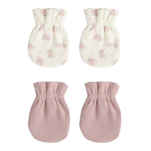 Two pairs of baby mittens, one with floral pattern and the other plain, on a white background.