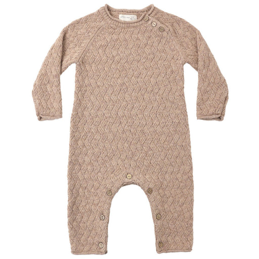 A long-sleeve baby romper in a textured cable-knit pattern, featuring a warm taupe-beige color and snap closures at the neck and crotch, displayed flat against a white background.