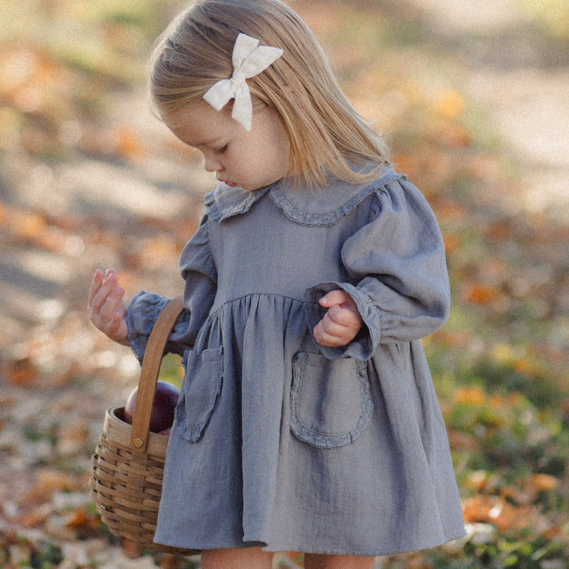 A young toddler girl wearing a dusty blue long-sleeve dress with front patch pockets, standing outdoors in a leaf-covered path and holding a small woven basket.