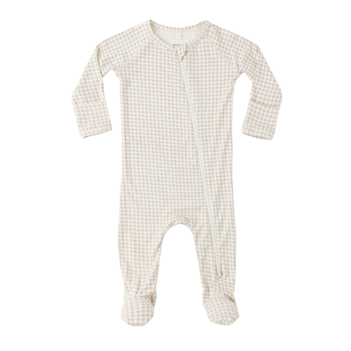 Baby onesie with a checkered pattern on a white background