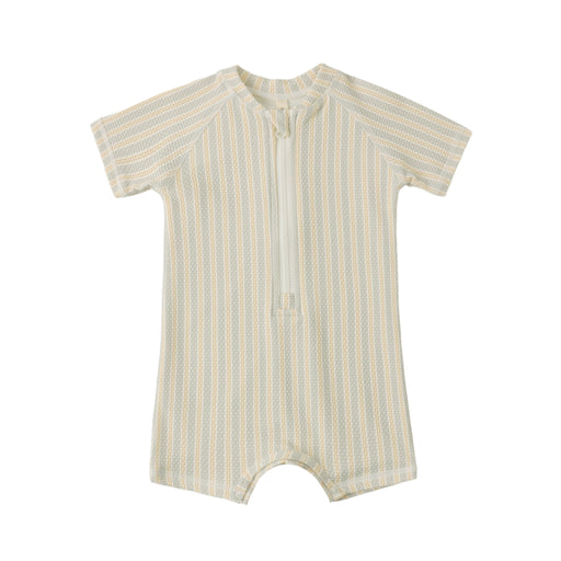 Striped baby romper swim suit on a white background