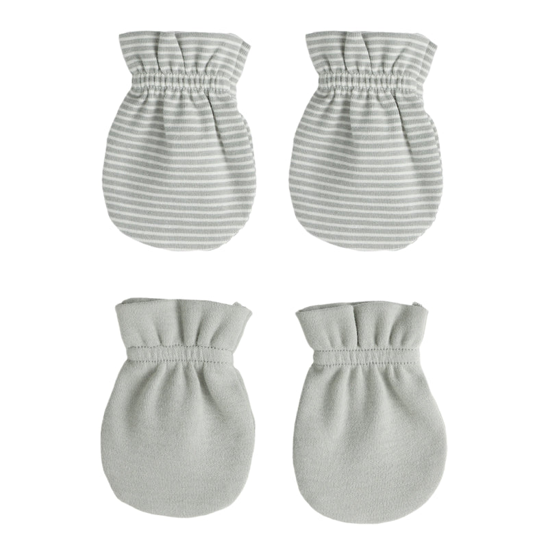 Set of four baby mittens with striped pattern on a white background