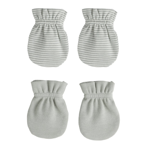 Set of four baby mittens with striped pattern on a white background