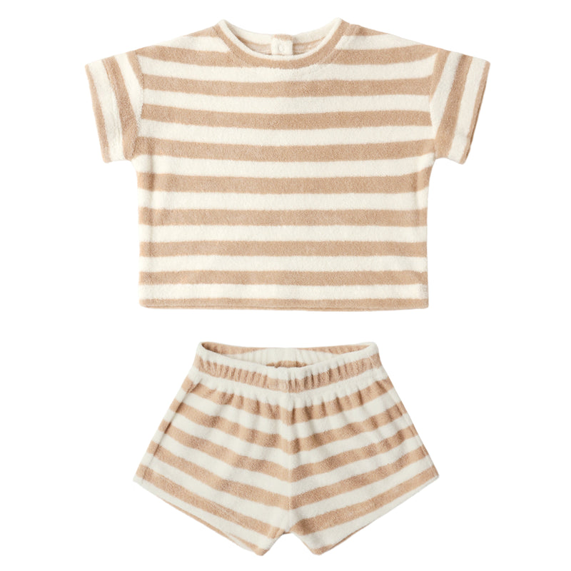 Striped t-shirt and shorts set on a white background