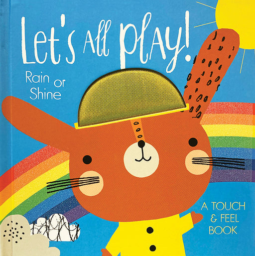 Cover of Let's All Play Rain or Shine featuring a bunny in a yellow coat with a rainbow background