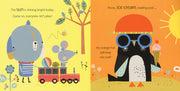 Illustrated book page with a blue elephant, mouse, and penguin character on a yellow and orange background.
