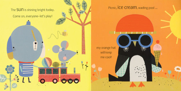 Illustrated book page with a blue elephant, mouse, and penguin character on a yellow and orange background.