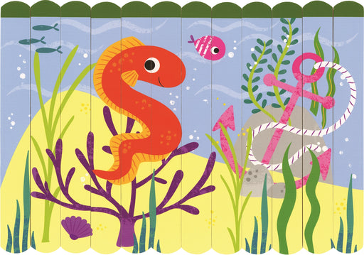 Colorful children's illustration of a red snake-like creature and a pink rabbit-like creature among underwater plants and fish.