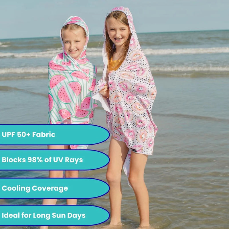 Two children on a beach wearing patterned ponchos with text about product features.