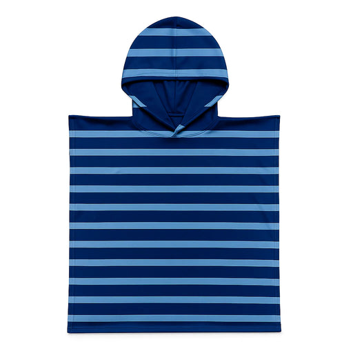 Blue and light blue striped hooded towel on a white background