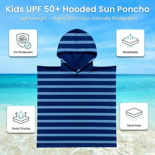 Blue and white striped hooded sun poncho with beach background and features highlighted.